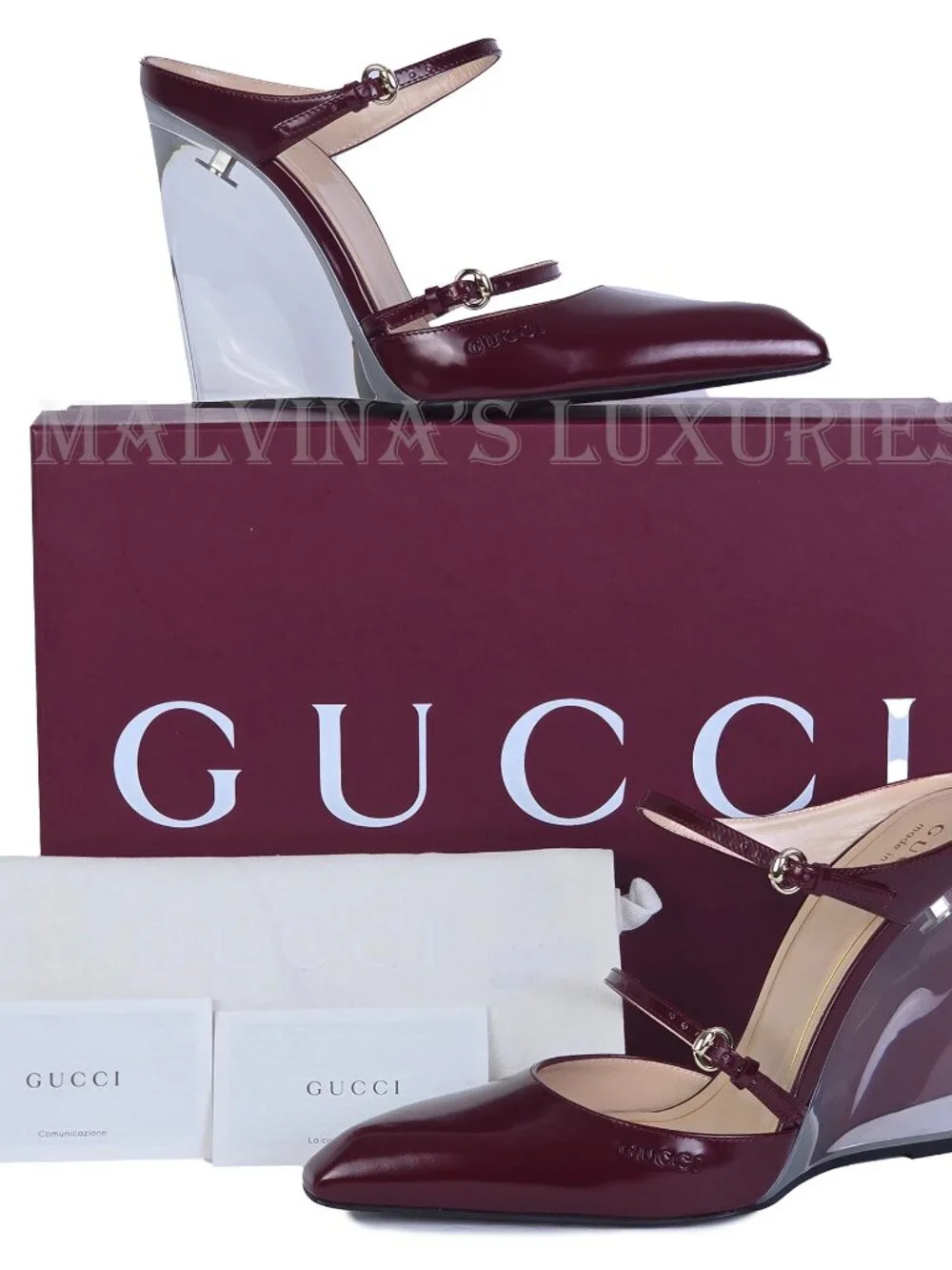 GUCCI SHOES LEATHER w LUCITE WEDGE MULES LOGO EMBOSSED  sz 38 8